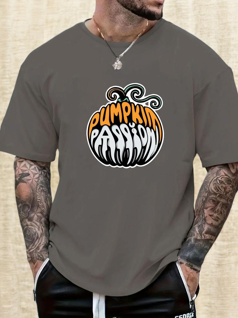 Mens Casual Tshirt Pumpkin Passion Print Short Sleeve Round Neck Breathable Soft Oversized Fun Daily Wear Tee