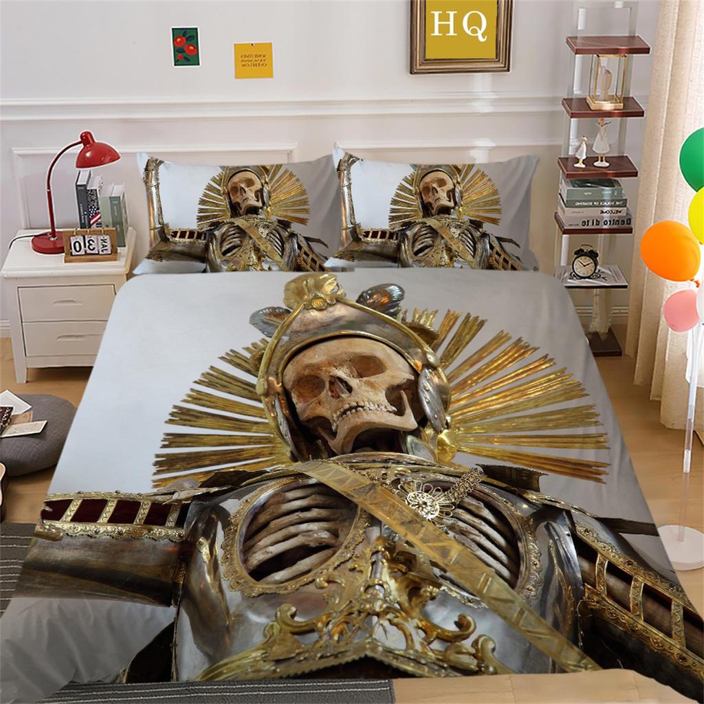 3D Horror Patterned Printed Bedding Set with Skull Head Pattern Down Duvet and Pillowcase 2/3 Pieces Halloween Festive Atmosphere Home Decoration