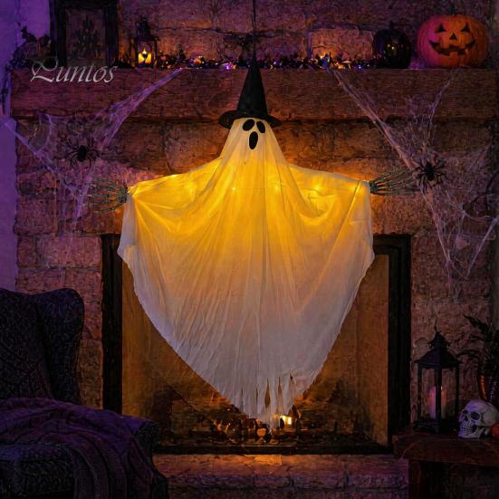Halloween Hanging Decorations Ghost with Witch Hat, Light Up Spooky Party Backdrop Outdoor Decor for Porch Tree, Haunted House Scene Ornament Festive