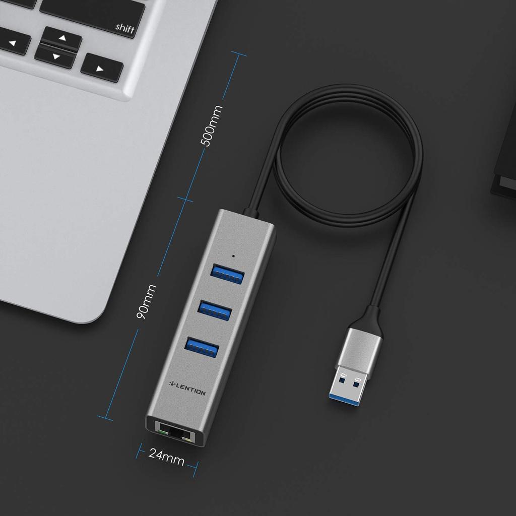 LENTION USB Hub Gigabit Compatible High Speed Adapter with Wired LAN Ethernet USB Expansion Surface Pro Compatible 10/100/1000Mbps 0.5m 3-Port USB3.0