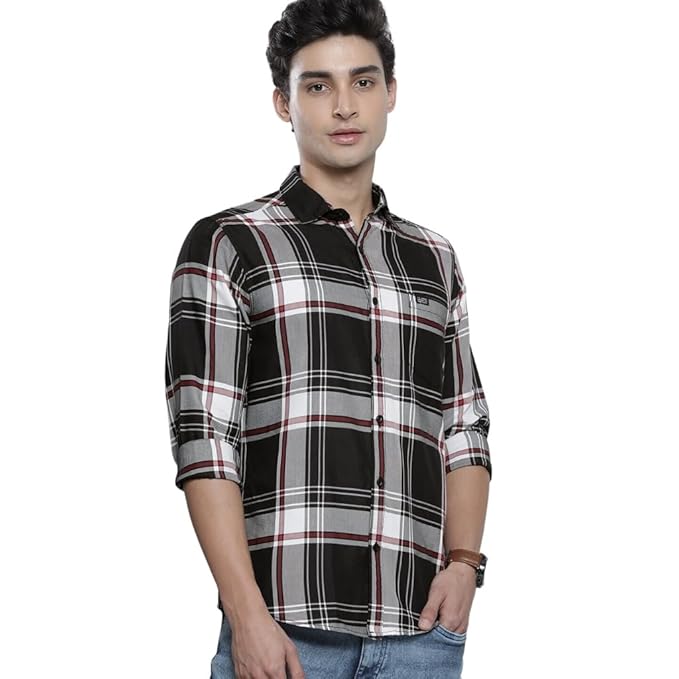 Men's Slim Fit Checkered Full Sleeves Spread Collar Premium Cotton Casual Shirt