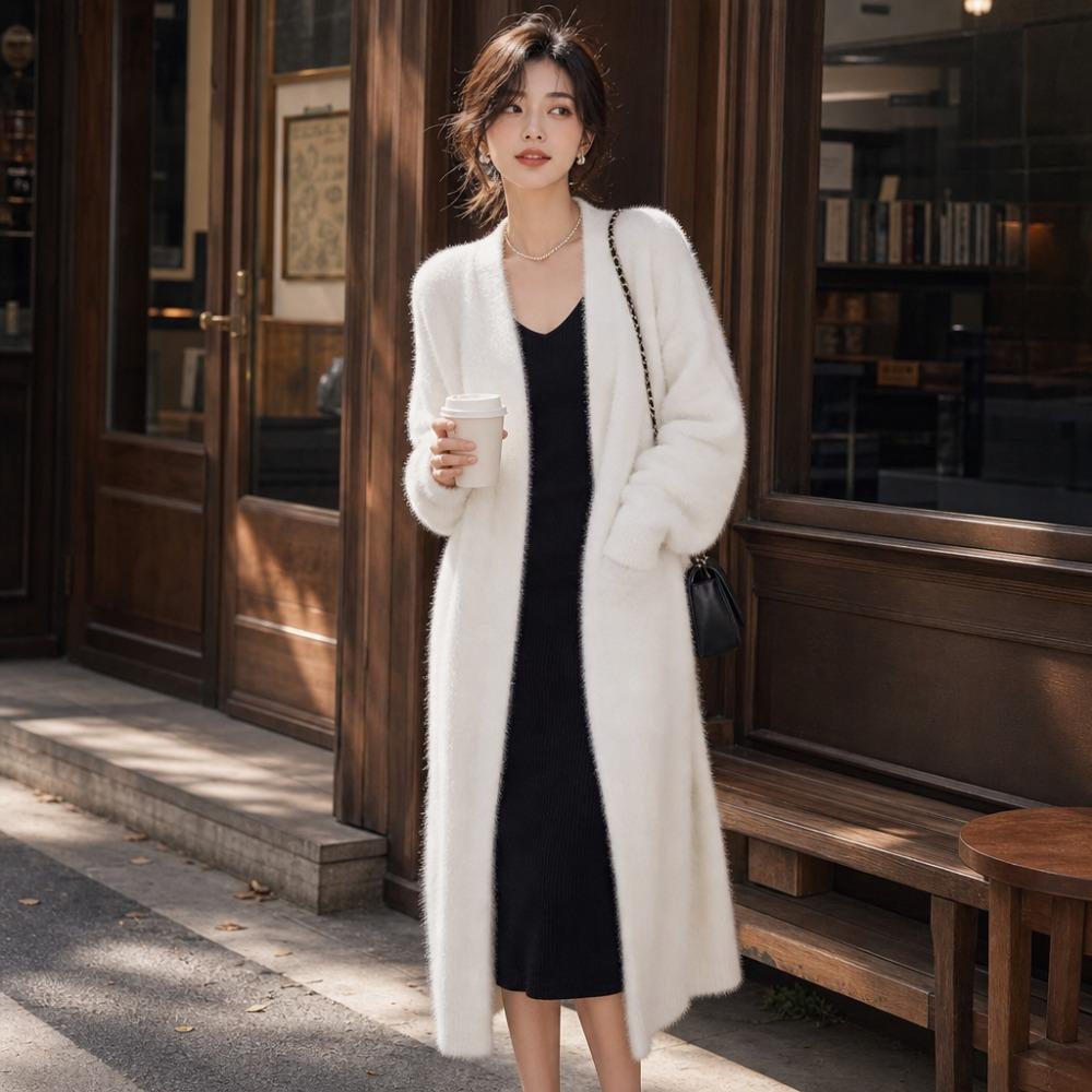 Faux Mink White Knit Cardigan Coat Women Autumn Winter Loose Fluffy Long Oversized Fuzzy Plush Sweater Jacket
