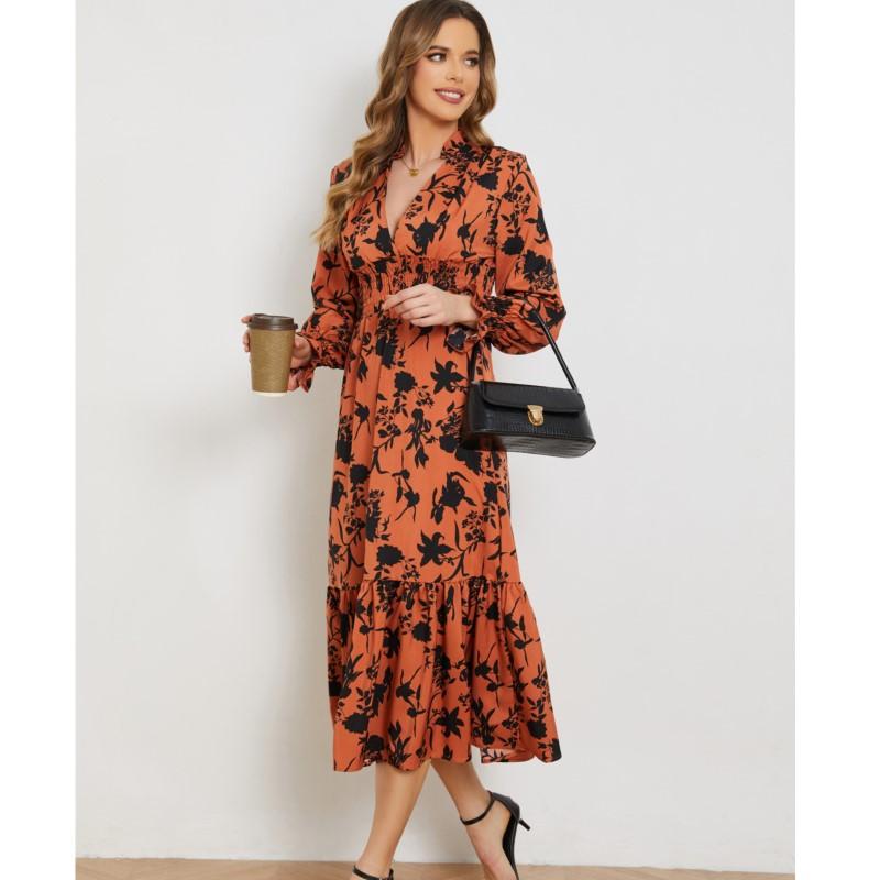 Orange New Long Dress For Women V Collar Pullover Lantern Sleeves A-line Floral Print Elegant Ladies's Dress