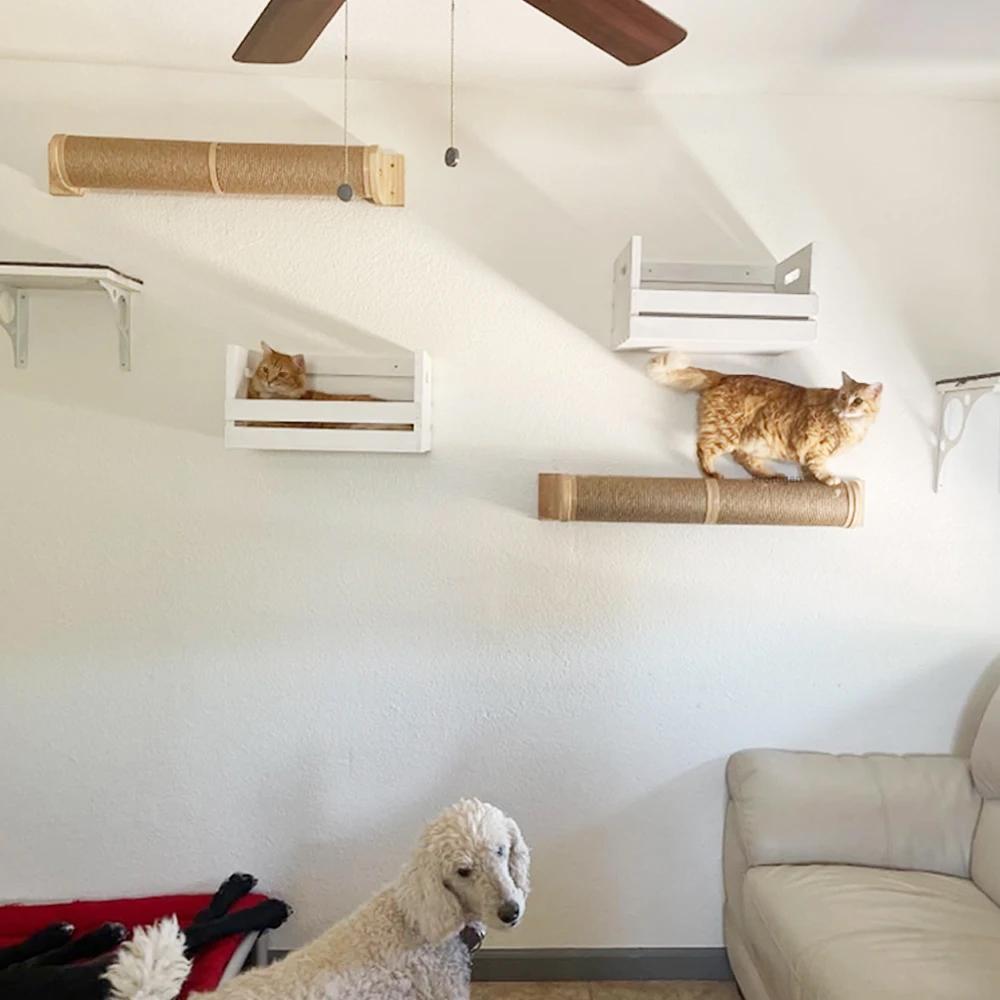 Wall-mounted Cat Climbing Frame Four Steps Sisal Scratching Post Platform Hammock To Create Exclusive Cat Activity Space