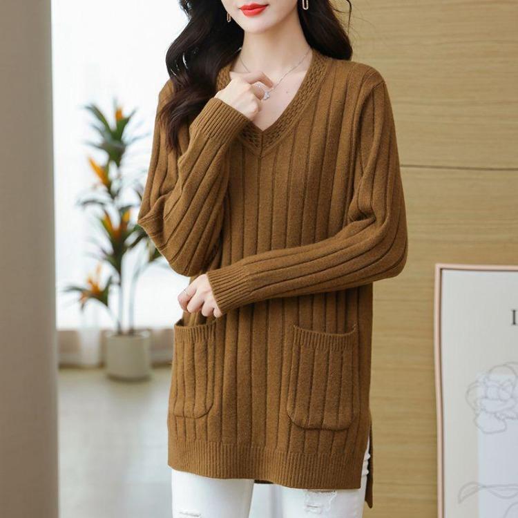 Warm Knitted Sweater for Women Thickened V Neck Pullover Long Sleeve Large Size Tops Autumn Winter