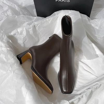 Fashion Brown Bootie Women's High Heels Autumn Winter New Suede Chunky French Ankle Boot Zipper Elastic Square Head Thin Boot