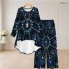 Women Plus Size Round Neck Long Sleeve High Low Top Wide Leg Pants Black Blue Printed Two Piece Set