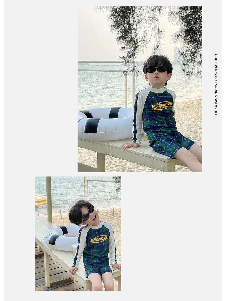 Children's Long Sleeve Plaid Patchwork One-Piece Swimsuit - Quick-Drying Swimwear for Beach & Holiday