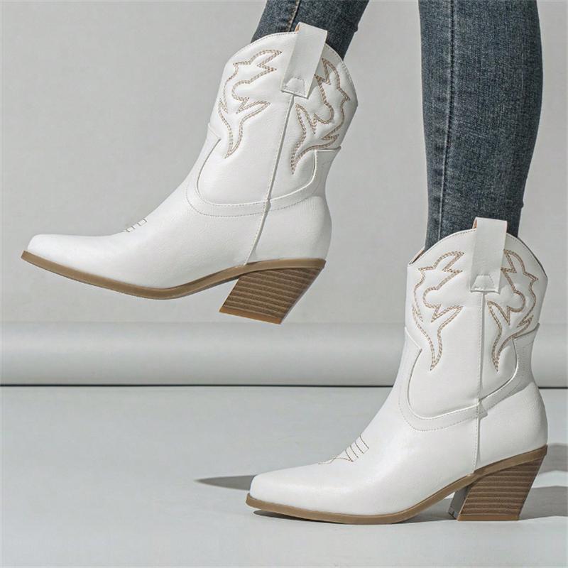 Eilyken Nuevo Diseño Bordado Punta Fina Botines de Tobillo para Mujer Estilo Punk Tacón Bajo Cuadrado Botines Cortos Estilo Occidental Zapatos