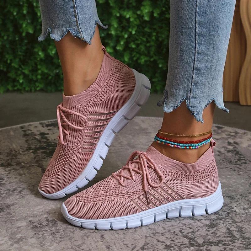 Fashion Spring Summer Breathable Knitted Sneakers Womens Plus Size Soft Sole Flats Shoes Woman Comfort Lace Up Platform Sports Shoes