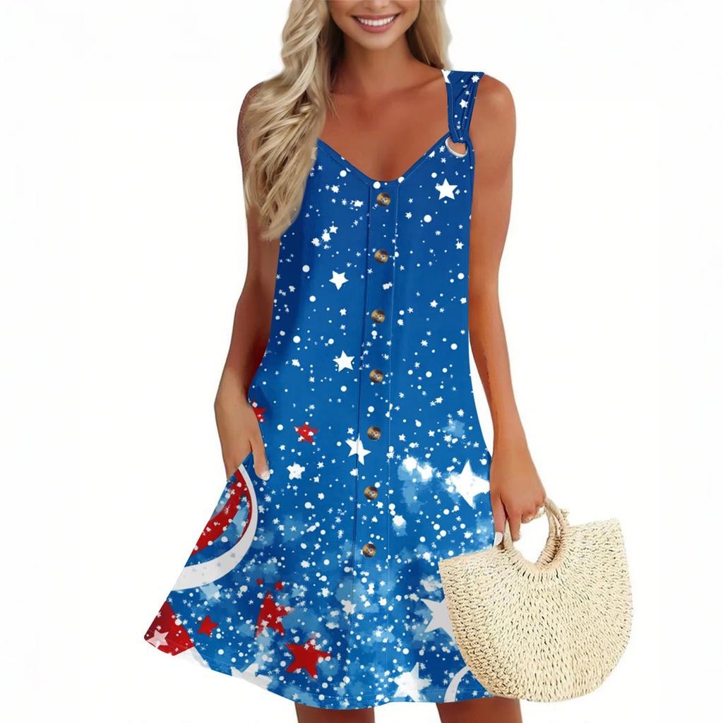 Women's Summer Dress Sleeveless Independence Day Print Sundress With Pocket