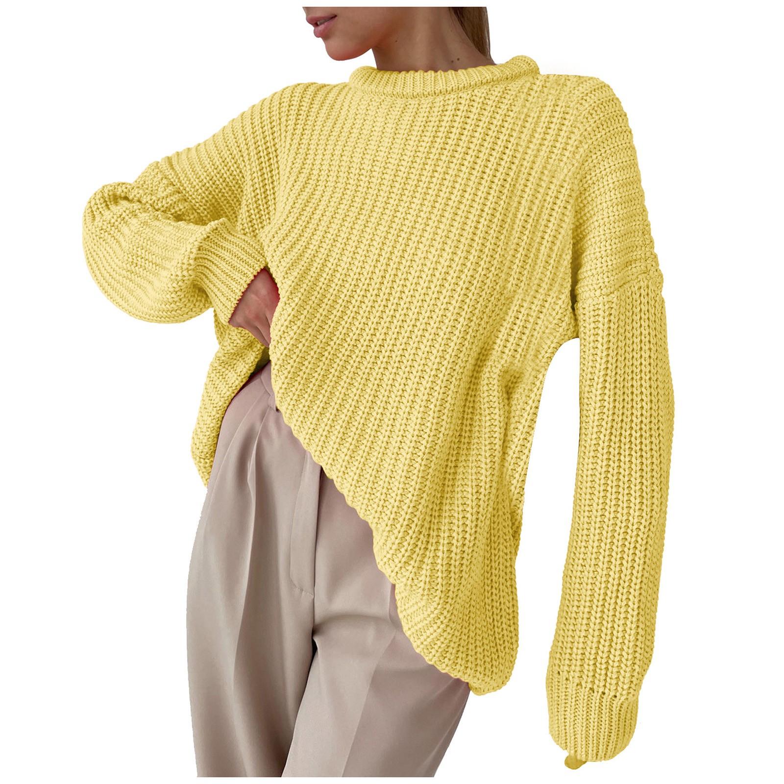 

(SU)Модный женский сплошной цвет с длинным рукавом, свободный вязаный свитер с круглым вырезом, топ