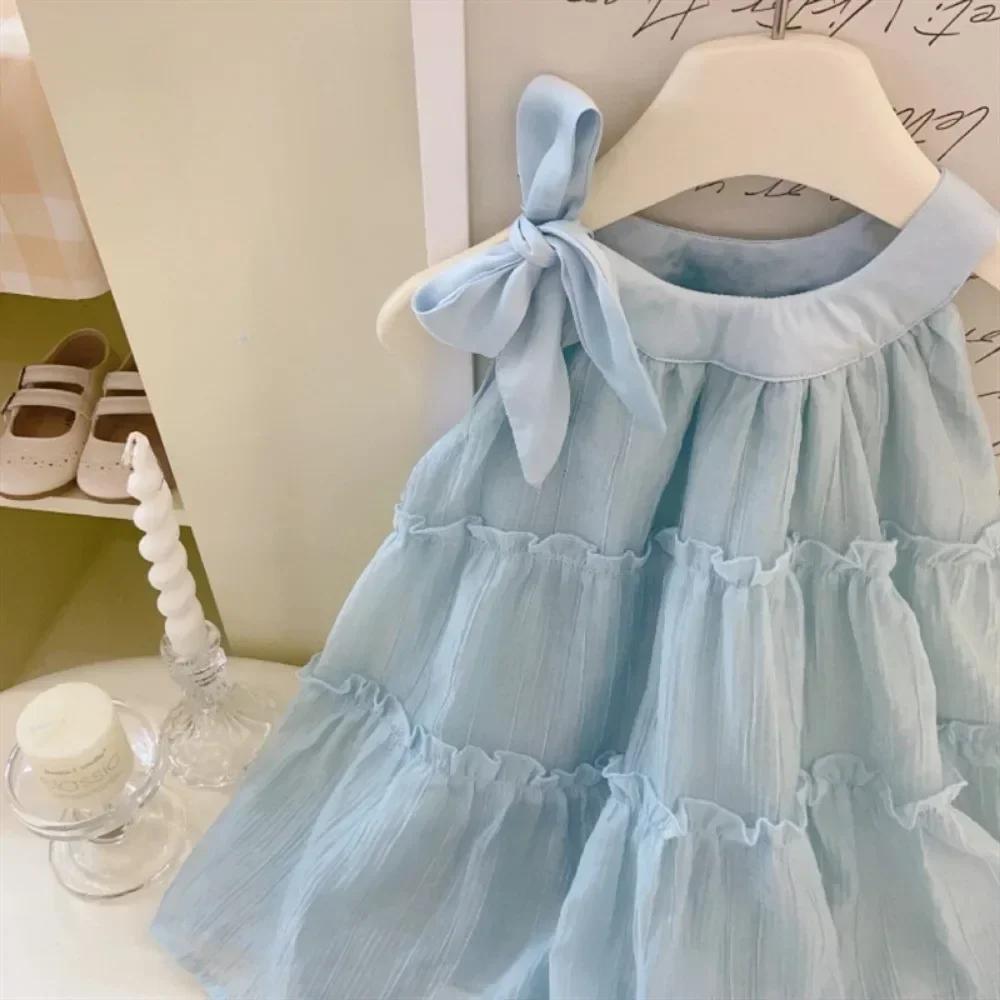 Sommer Mode Blau 2-7 Jahre Mädchen Kuchen Prinzessin Kleid Schleife Ärmellos Süße Kinderkleidung