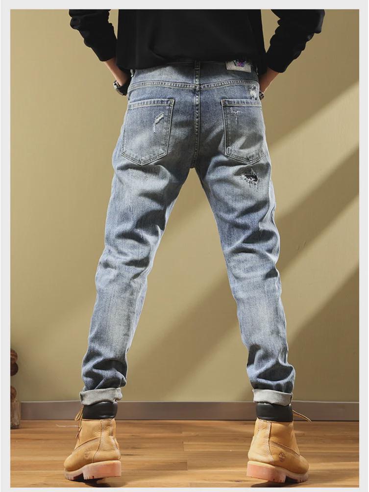 Men's Slim-Fit Light Blue Ripped Jeans - Trendy Spring & Autumn Style