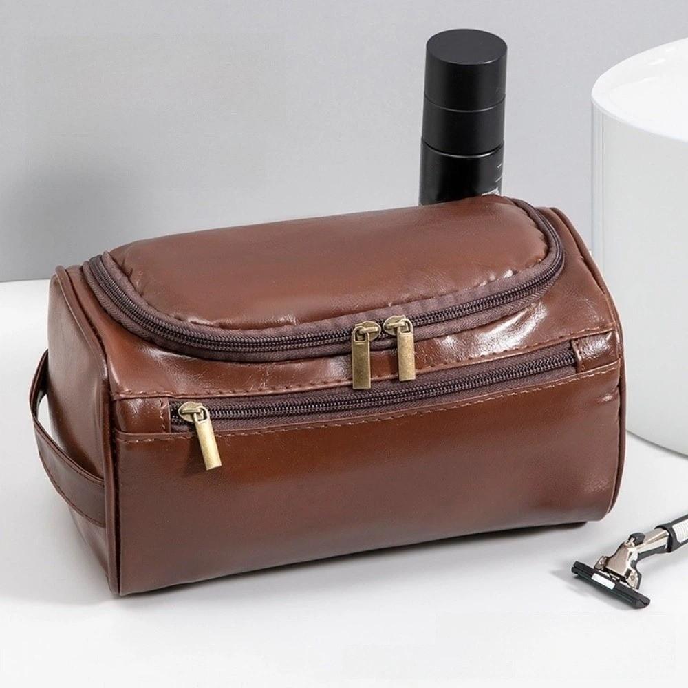 PU Leather Travel Wash Bag Large Capacity Storage Handbag Portable Hanging Toiletry Bag Father