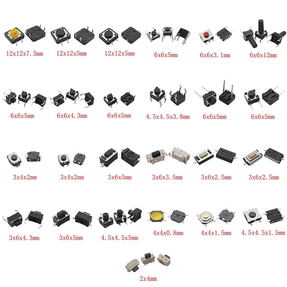 125Pcs 25 Types SMD DIP Micro Tact Push Button Switch Assorted Kit 2*4 3*6 4*4 6*6 12*12 Reset Mini Leaf Switches for Arduino Pushbutton Switches 3
