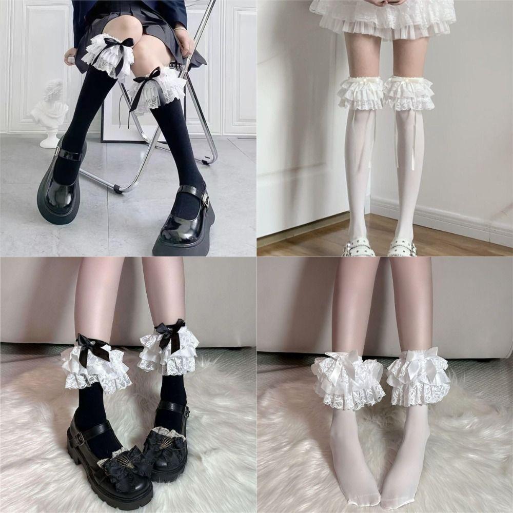 Gothic Style Lolita Lace Stockings Bowknot Ruffle Uniform Socks JK Knee High Socks Japanese Style