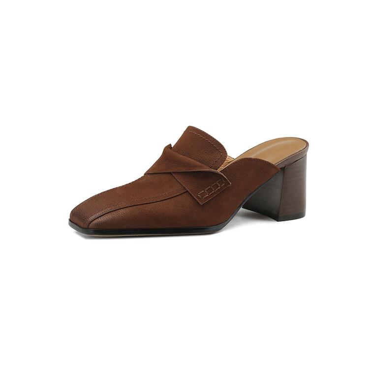 

Мода 2025 Лето Женская обувь Обувь из натуральной кожи Женская Простые Ретро Женские шлепанцы Обувь на массивном каблуке Шлепанцы с квадратным носком Мюли 40