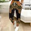 Summer Ladies Retro Print Sweatpants Loose Fit Drawstring Joggers Elastic Cuff Daily Casual Pants
