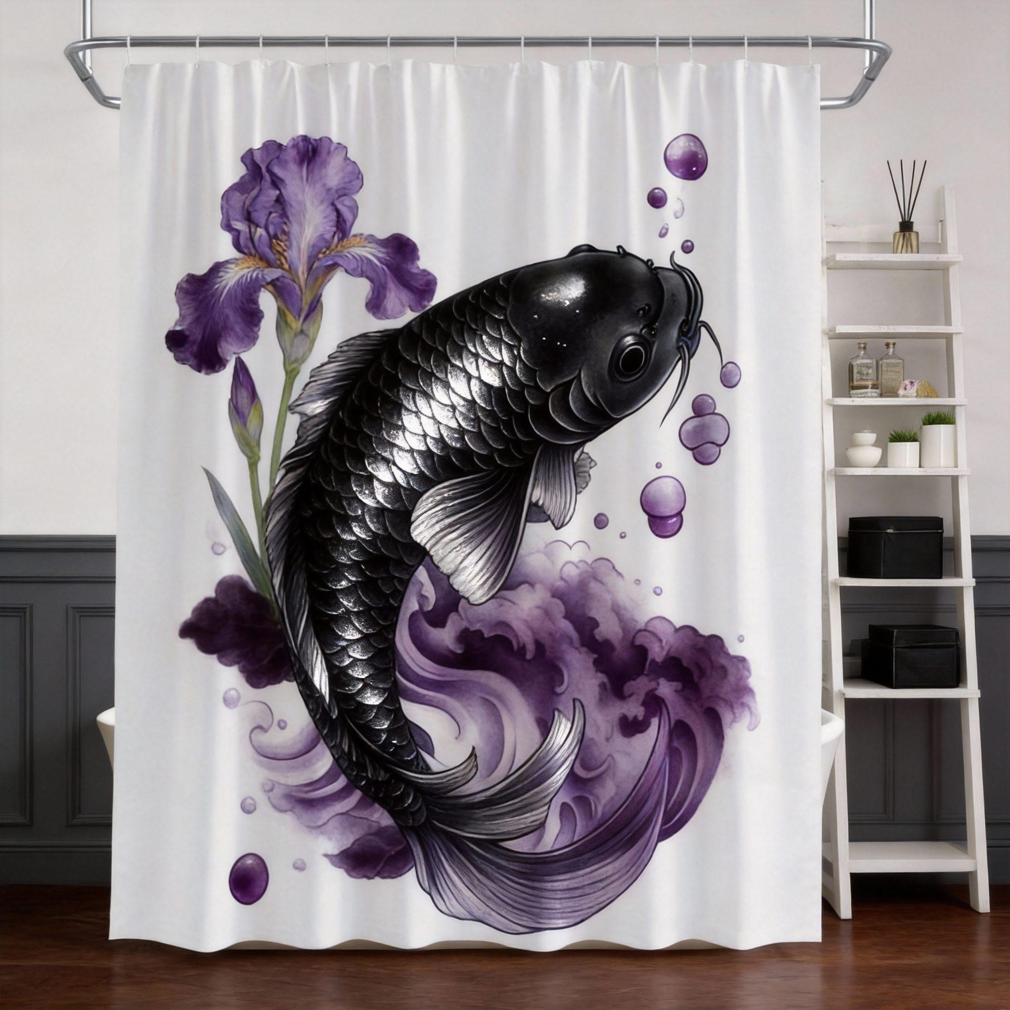 

Шторка для душа с рыбами кои 180x180 см – Японский дизайн с лотосами и синими водными элементами, с каплями воды, можно стирать в машине, 12 крючков 90X180cm(35x70in)