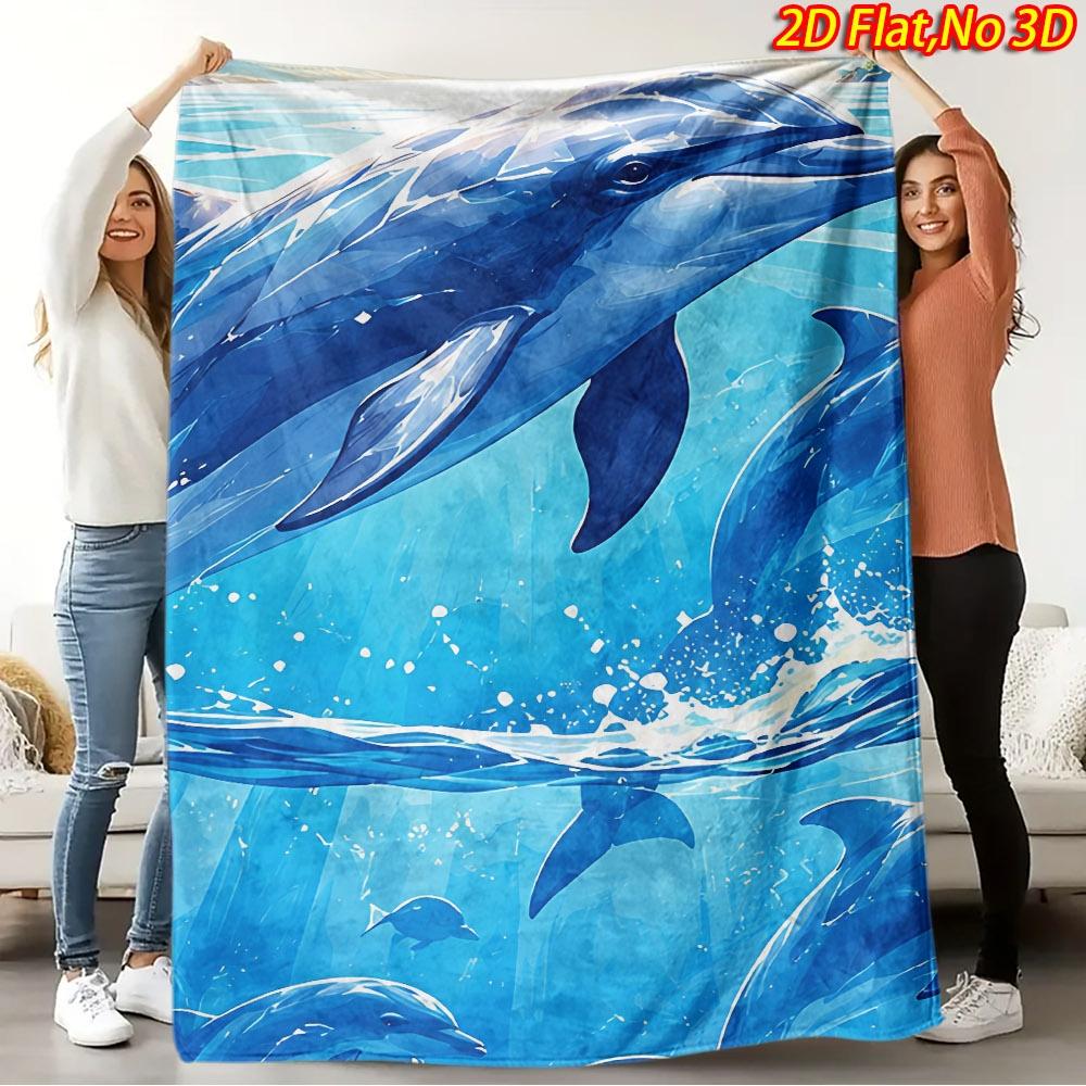 Bright Marine Dolphin Seabed Coral Tropical Fish Sunrise Ocean Art Print Flannel Blanket Cozy Throw for Couch Travel Balcony