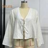Damen-Shirt mit V-Ausschnitt, langen Ärmeln, lockere Passform, einfarbig, Sommer-Shirt mit Schnürung und Schleife, Strickjacke, Oberteil mit Bindeverschluss