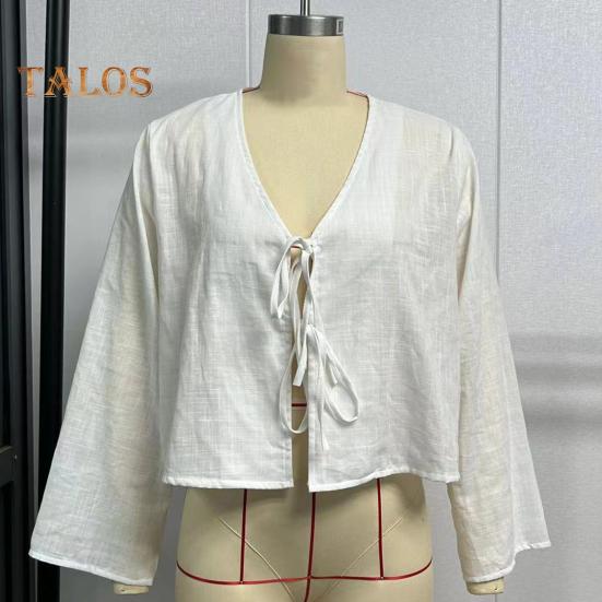 Damen-Shirt mit V-Ausschnitt, langen Ärmeln, lockere Passform, einfarbig, Sommer-Shirt mit Schnürung und Schleife, Strickjacke, Oberteil mit Bindeverschluss