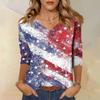Womens V Neck 34 Sleeve Loose Fit Casual Blouse Flag Print Top Seven Quarter Sleeve Shirt for Daily Wear