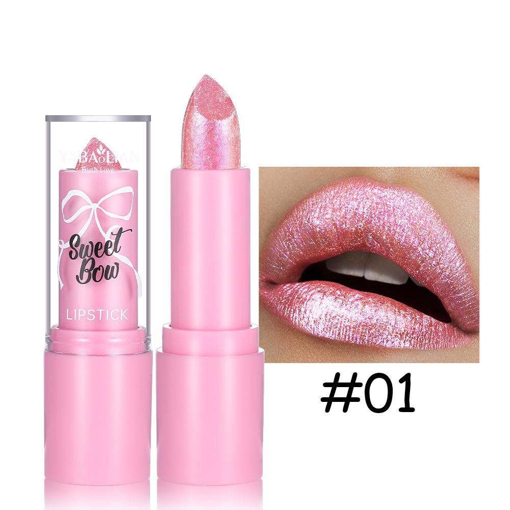 Bow Glitter Lipstick Bright Rose Pink Diamond Lipstick Mirror Pearlescent Shine Waterproof Long-Lasting Glossy Lip Tint Makeup