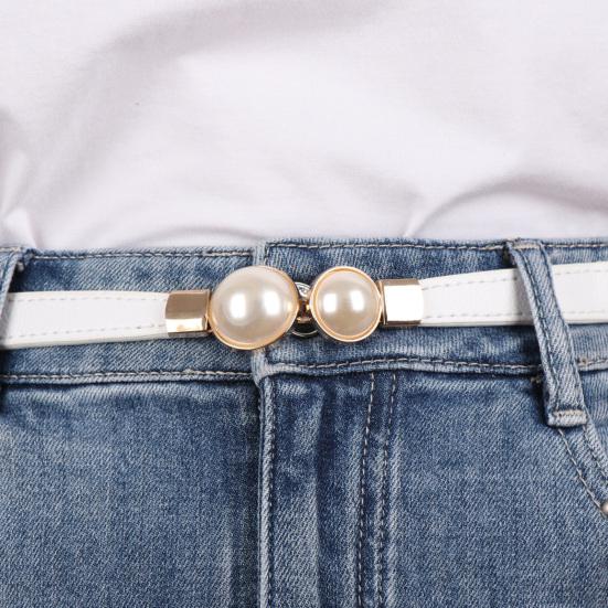 Women Waist Belt Elastic Thin Versatile Adjustable Faux Leather Creative Pearl Buckle Ladies Waistband Dress Belt for Daily Wear