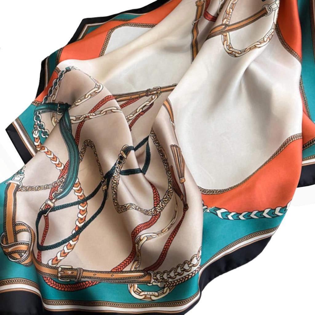 Satin Scarf 70x70 - Beige with Chain and Stripe Pattern