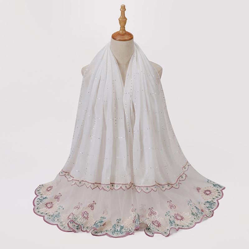 Glitter Scarf Islamic Long Shawls Wraps Luxury Flower Headscarf Headband New Embroidered Lace Sequins Hijab Stitching Splicing