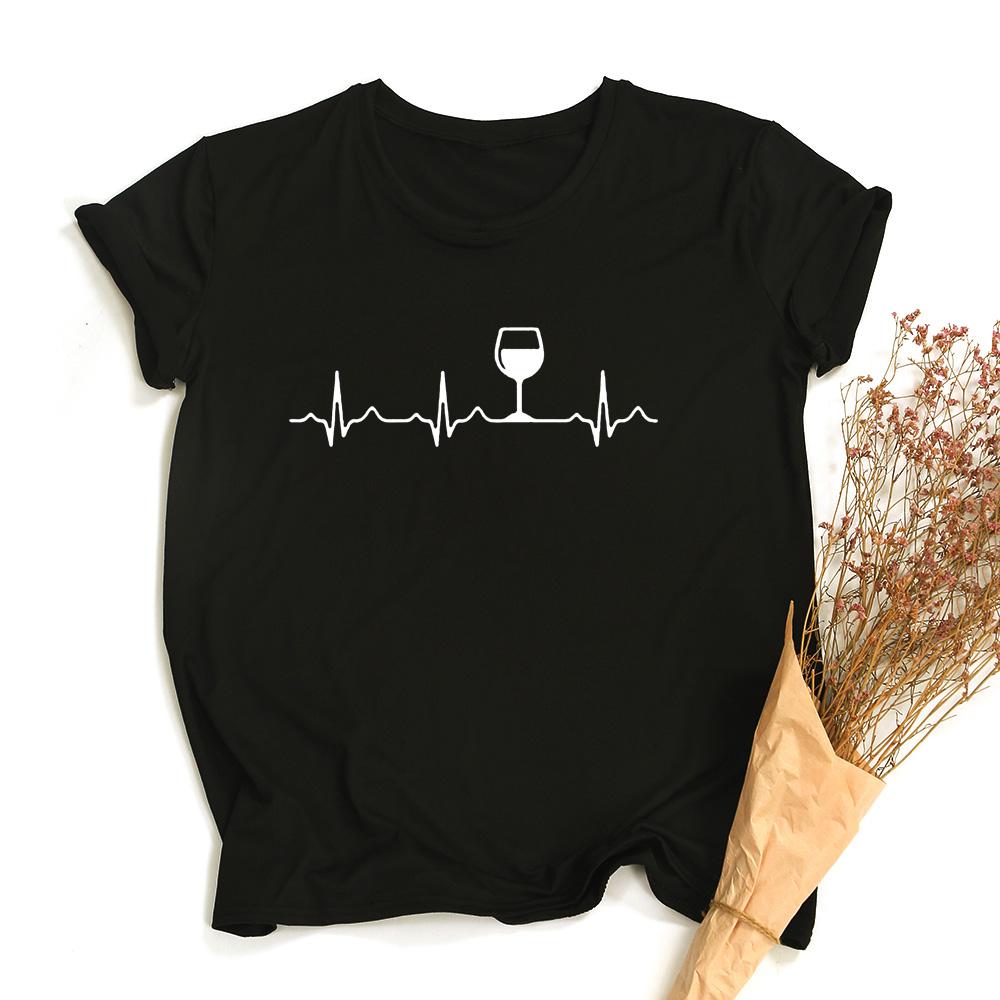Wine Heartbeat Print T Shirt Women Short Sleeve Round Neck Summer Female Funny Tee Tops
