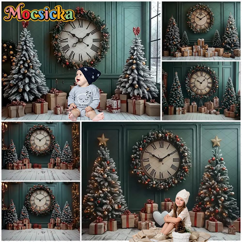 Mocsicka Christmas Backgrounds Xmas Tree Big Clock Decorations Happy New Year Family Holiday Party Photo Backdrops Studio Banner213