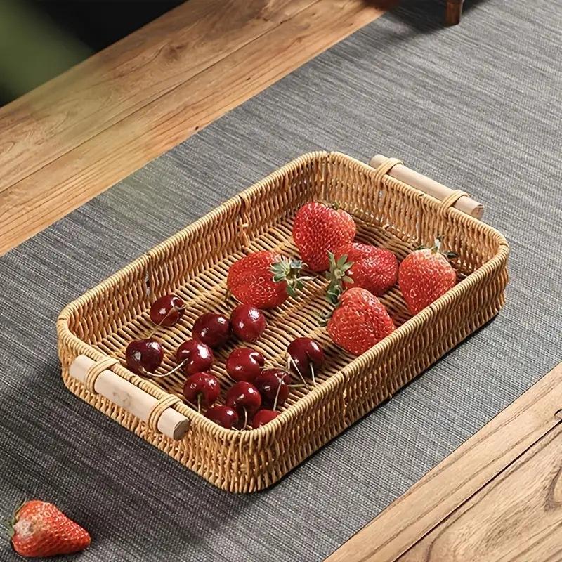 Multi-Use Pp Woven Storage Basket With Wooden Handle Modern Rectangular Shallow Bin For Living Room Bedroom Kitchen Hotel Servic