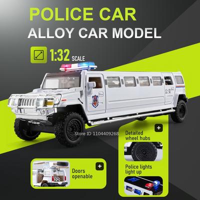 Scale 1:32 Extended Police Car Model Toy Alloy Body Rubber Tires Shock Absorption Off-road Vehicles Sound Light Holiday Gifts