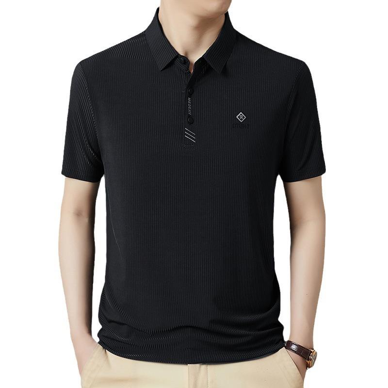 Yaz Yeni Stil Buz İpek Dikey Çizgili Preslenmiş Elmas Ana Model Erkek Orta Kollu Tişört Erkekler için Genç Polo Tişört