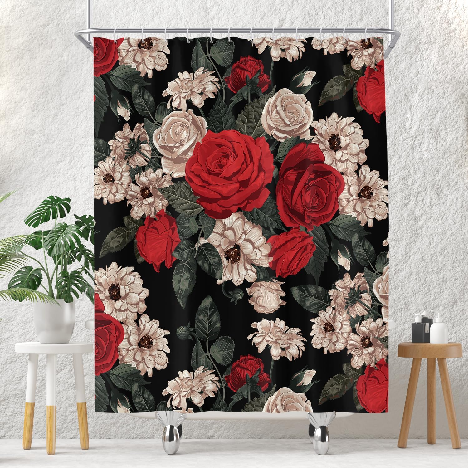 

Red And Beige Roses Pattern Waterproof Shower Curtain 180X180Cm - Romantic Floral Print Bath Curtain For Home Decor W60H190(CM)-1 Pcs
