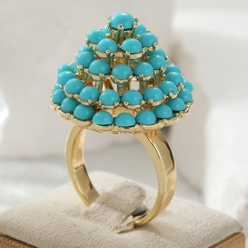 Vintage Inlaid Imitation Turquoise Women's Ring Ethnic Gold Color Geometry Daily Wear Party Jewelry Anniversary Gift