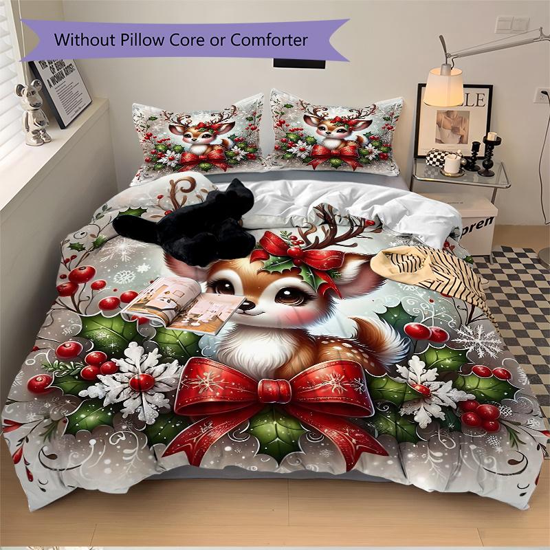 3pcs Christmas Deer Print Bedding Set (1 Cover + 2 Pillowcases, Without Inserts), This Printed Bedding Set is Soft and Comfortable, Suitable for
