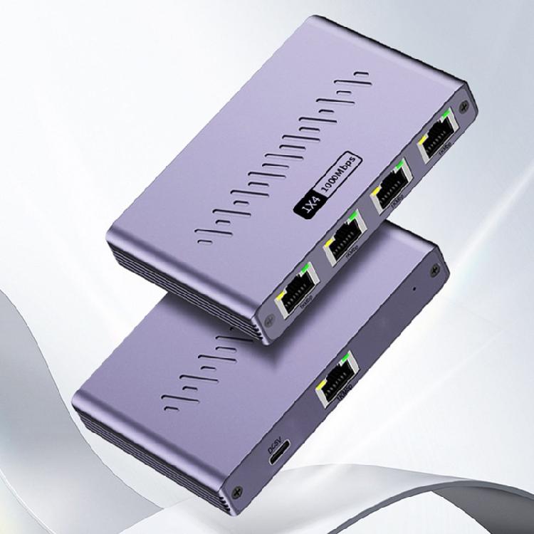 Multiple Device Ethernet Splitter 4 Port Gigabit Speed Networking Hub Aluminum Housing for Home Office Connection