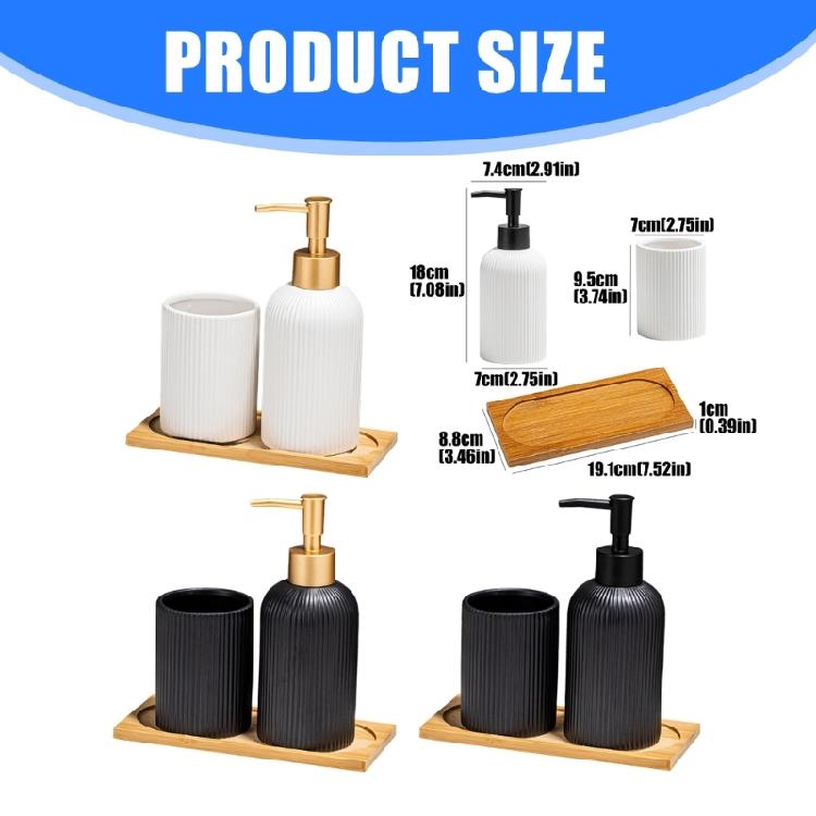 3-teiliges Badezimmer-Accessoires-Organisationsset mit Keramik-Handseifenspender, Holzschale und Zahnbürstenhalterbecher