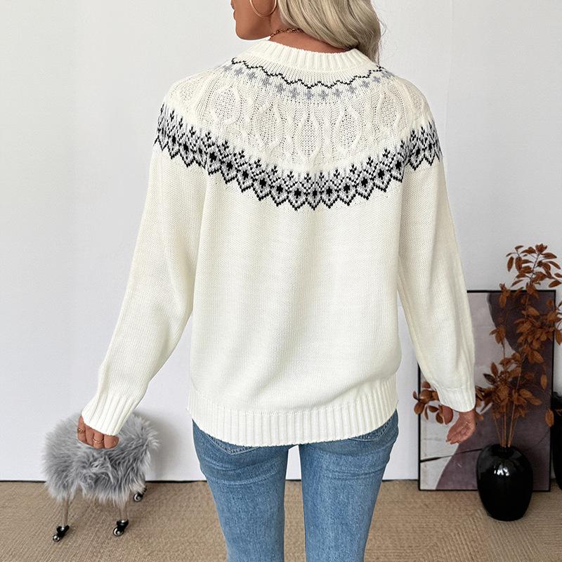 Loose Inner Knitted Top, Pullover, Long-sleeved Round Neck Jacquard Sweater for Women