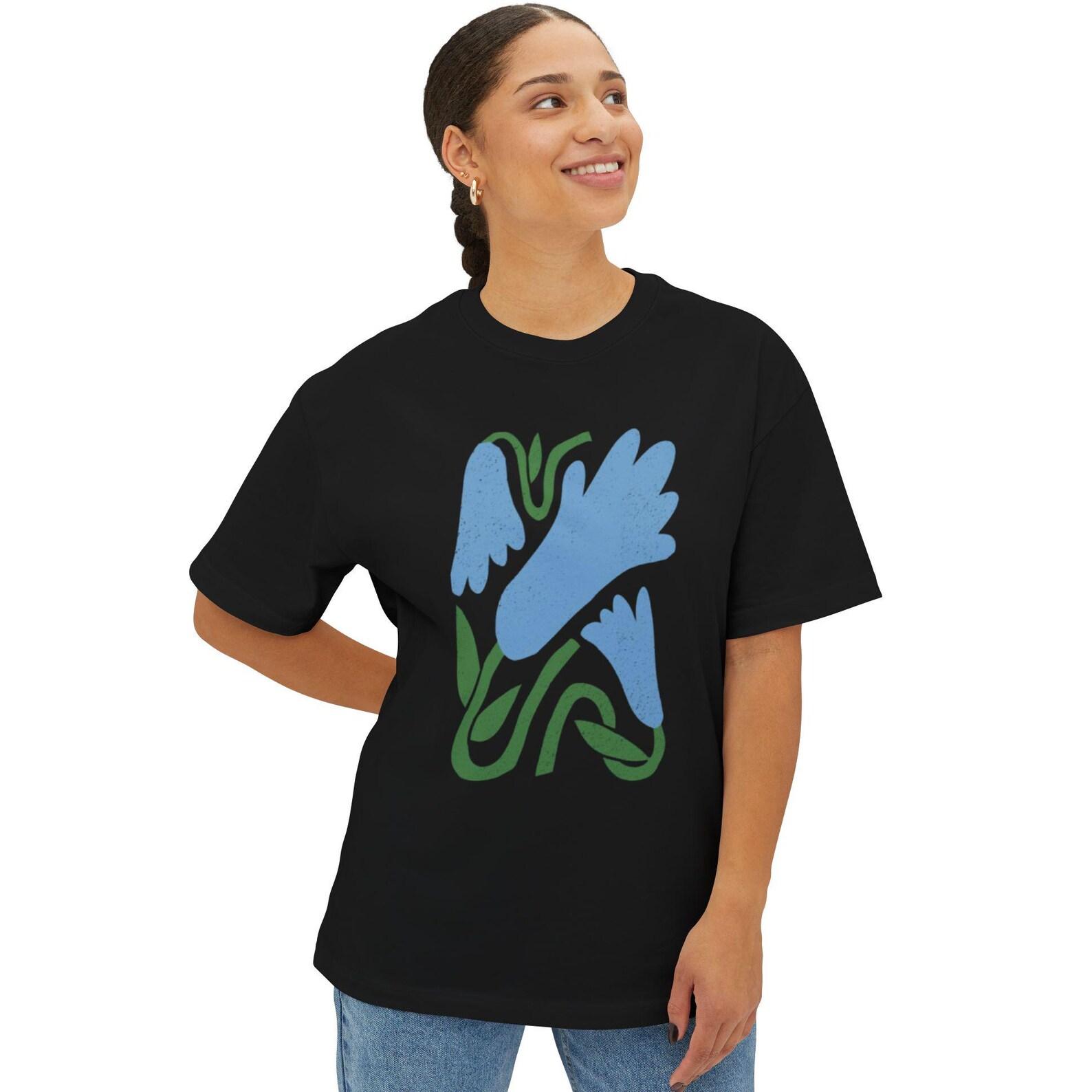 Women s oversized Tee | Blue Floral Illustration Tee | Abstract Flower Graphic Shirt S