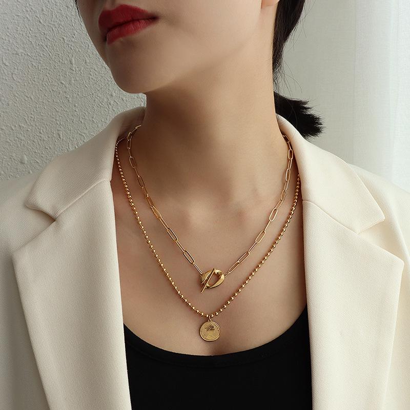 French Non-Fading Luxury Titanium Steel Double Layer Necklace with OT Buckle for Women