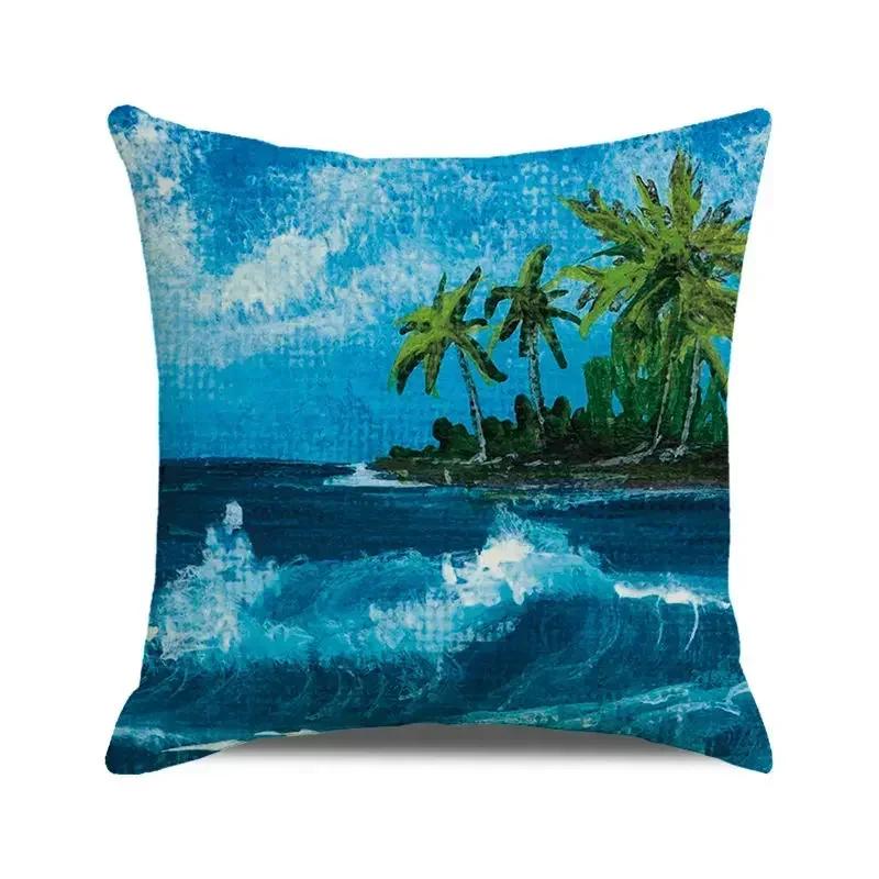 45x45 Cm Blue Ocean Style Square Cushion Cover Beach Coconut Grove Sunset Scenery Print Pillowcase Home Decor Pillow Cover