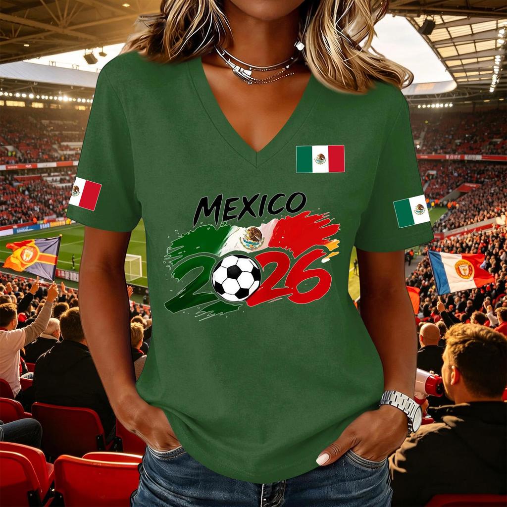 Women's Casual Short Sleeve V Neck Pullover Top Soccer Graphic Print National Flag Support Shirt for Outdoor Activities and Sports