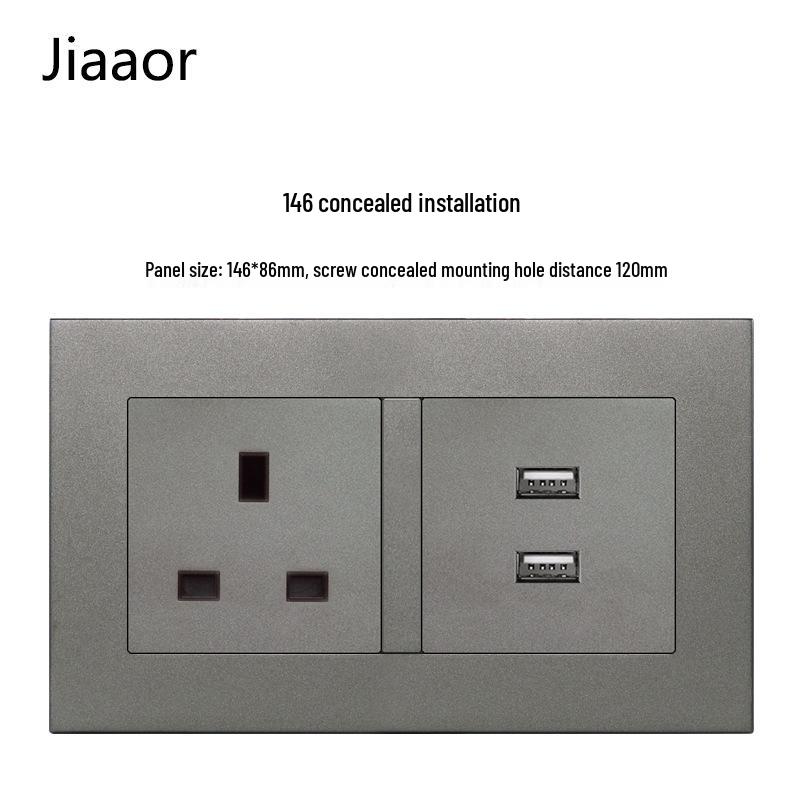 Grey British Standard Double Gang Switch Socket with USB & Type C - Hong Kong/Macau Compatible, Concealed 86 Type