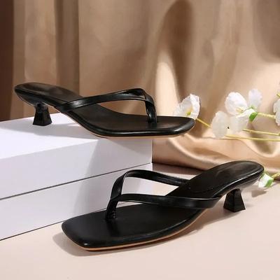 Mid Heel Thin Heels Modern Slippers Square Toe Summer Women's Shoes On Sale 2025 New Solid Color Thick Heel Women's Slippers