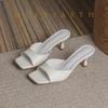 Women's High Heel Slippers Luxury Cowhide Leather Slippers Square Head Mules Slippers Summer Open Toe High Heel Slipper